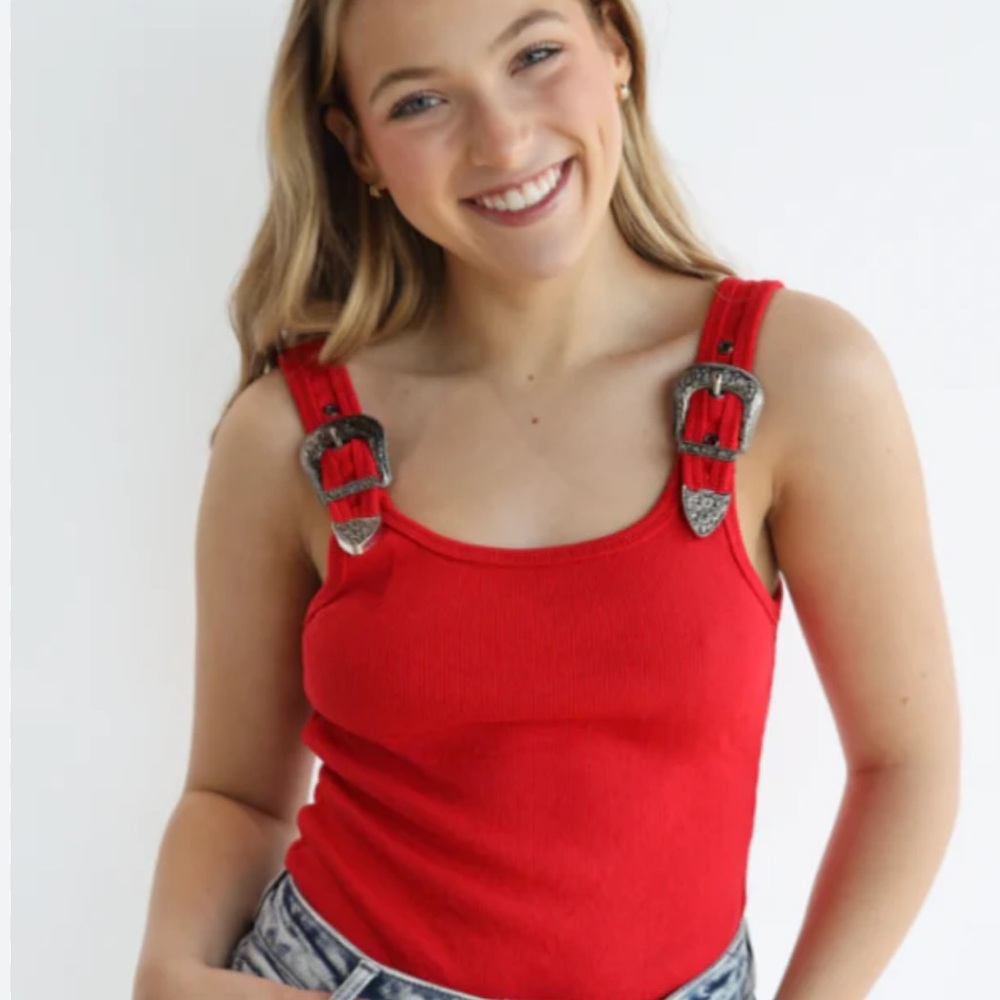 New Western Ribbed Knit Tank Red Buckle Strap